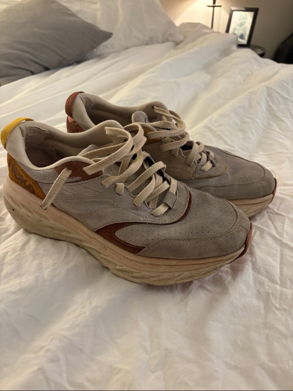Hoka Grey with Brown & Mustard Suede Running Shoes - used - Picture 4 of 4